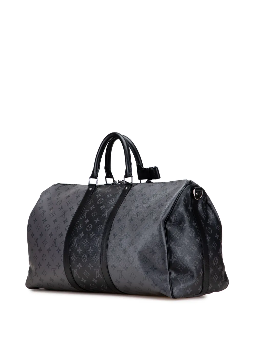 Pre-owned Louis Vuitton 2021-2025 Monogram Eclipse Reverse Keepall Bandouliere 50 Travel Bag In Black