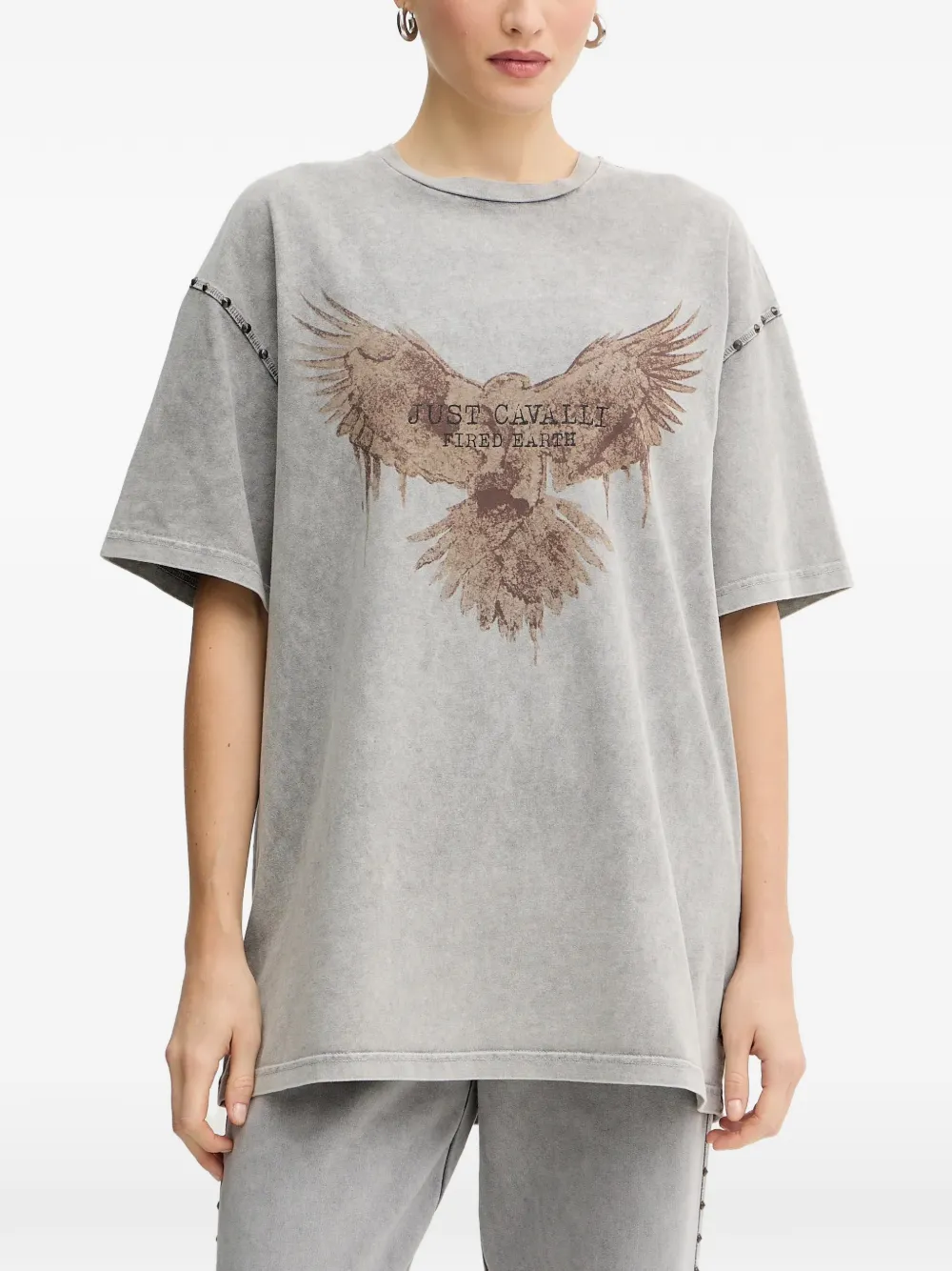 Just Cavalli stud-emblishment printed T-shirt - Grau