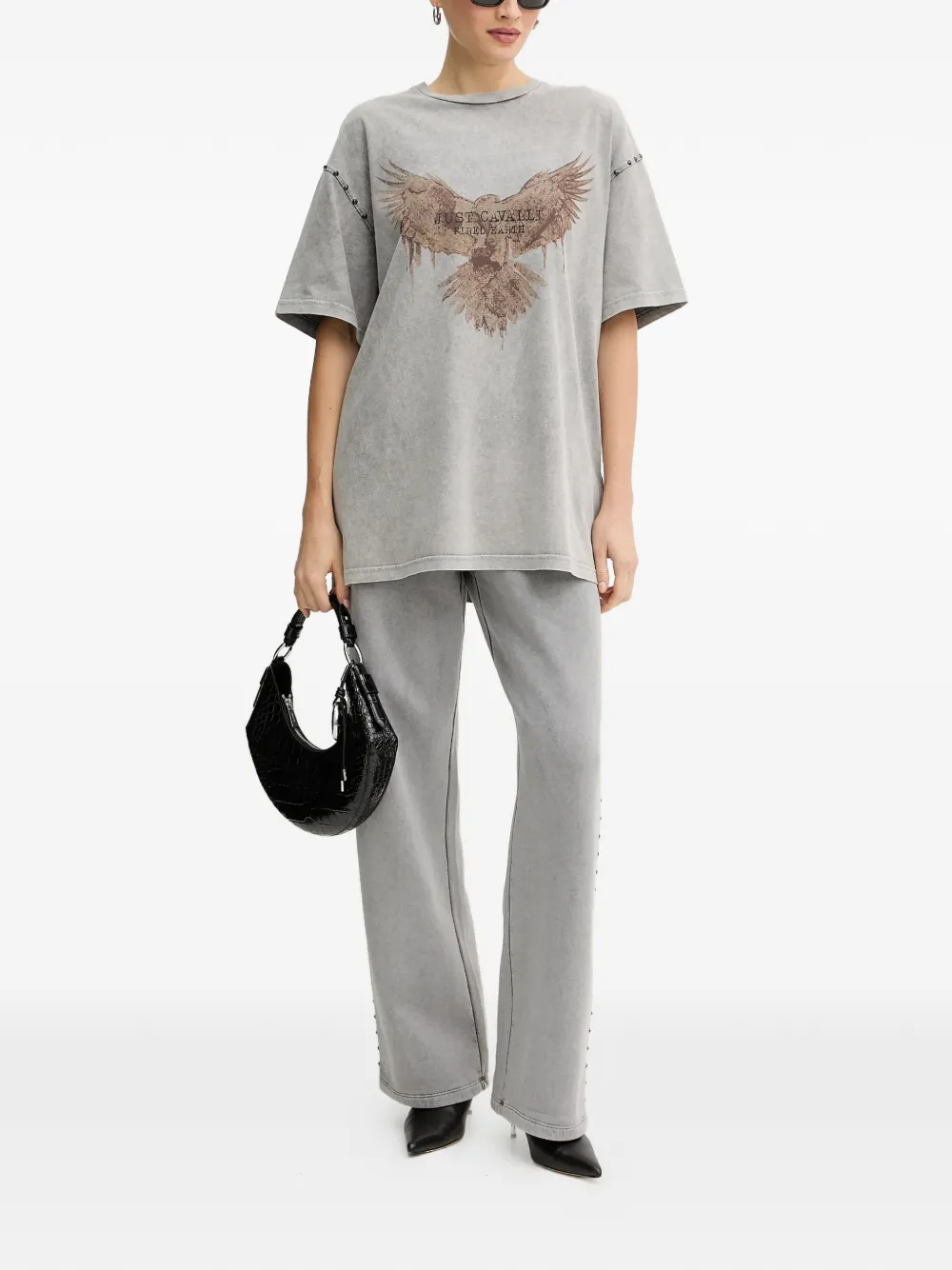  Just Cavalli Stud-emblishment Printed T-shirt - Grey 