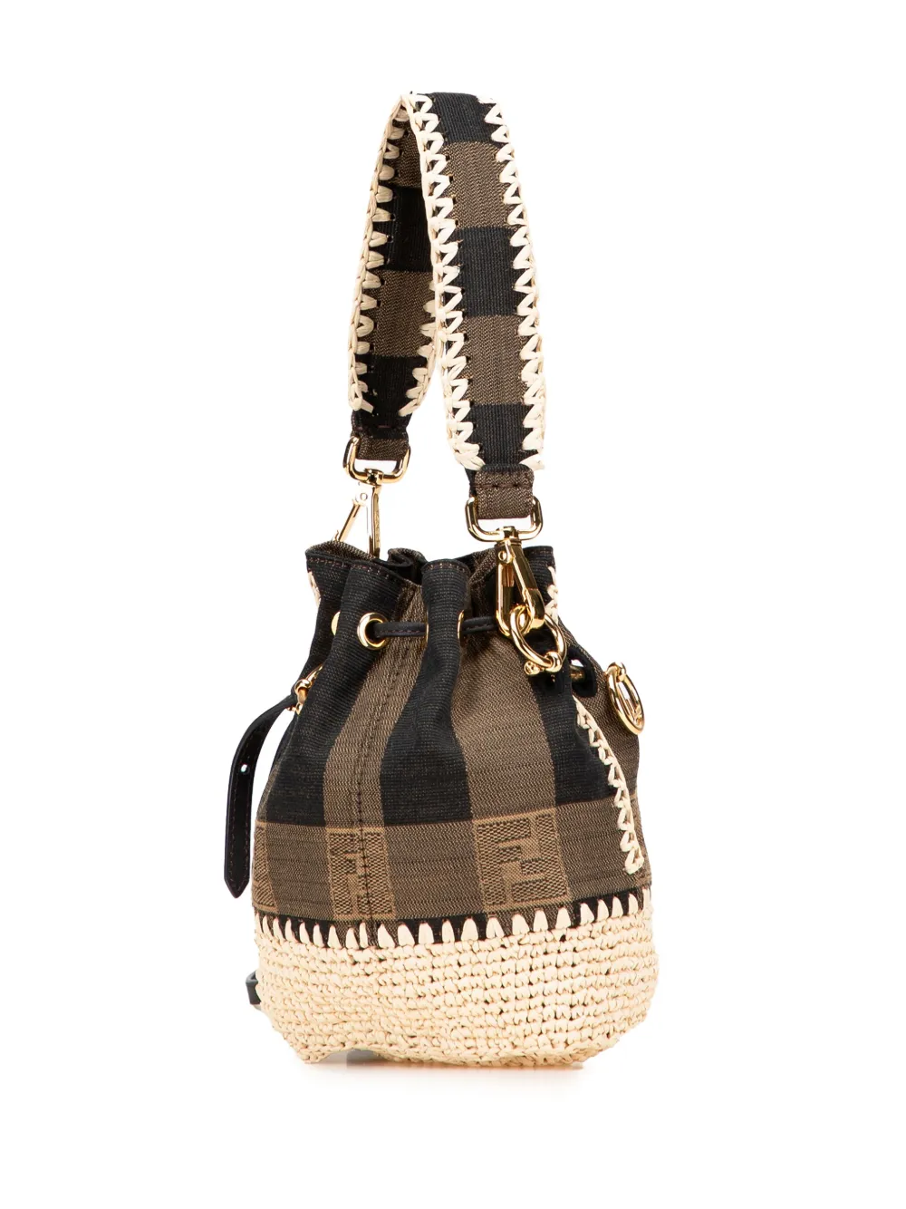 Pre-owned Fendi 2010-2025 Zucca Pequin Jaquard And Straw Mon Tresor Bucket Bag Satchel In Brown