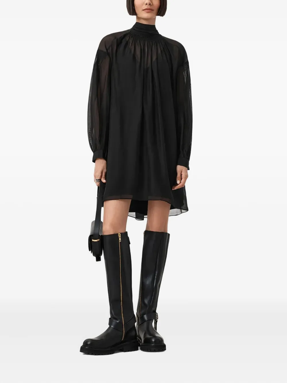 AllSaints Pearl mini-jurk met gestrikte hals en lange mouwen - Zwart