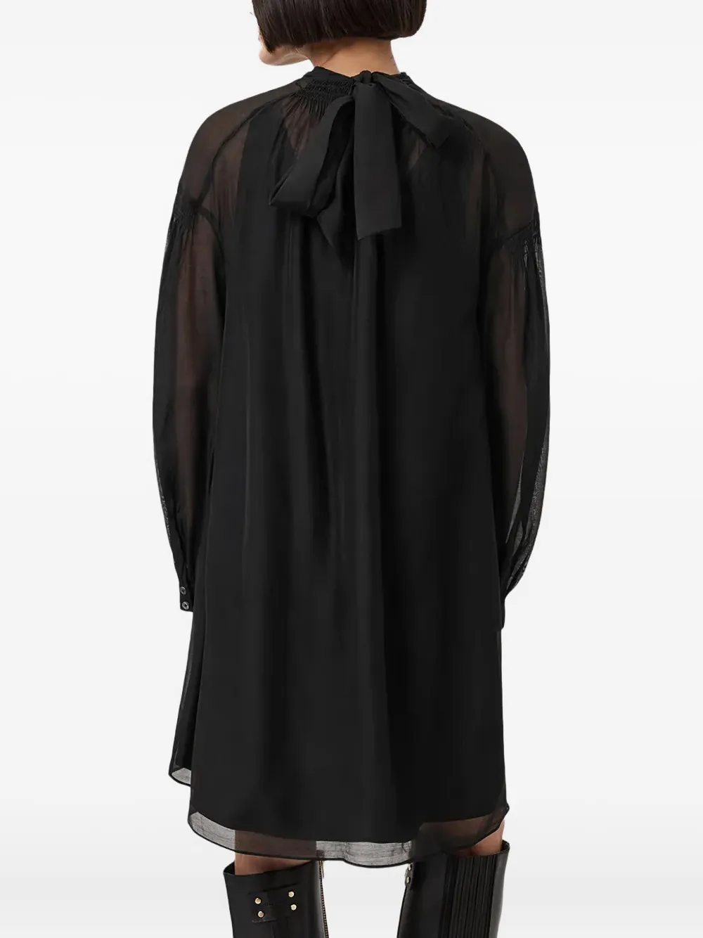 Allsaints Pearl Tie-neck Long-sleeve Mini Dress In Black