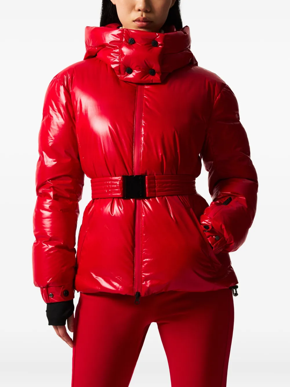 Perfect Moment Candice Hooded Belted Down Ski Jacket In Red