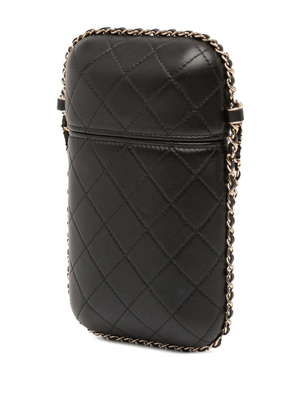 Pre-owned Chanel 2021-2025 Cc Quilted Lambskin Chain Around Phone Holder Crossbody Bag In Black