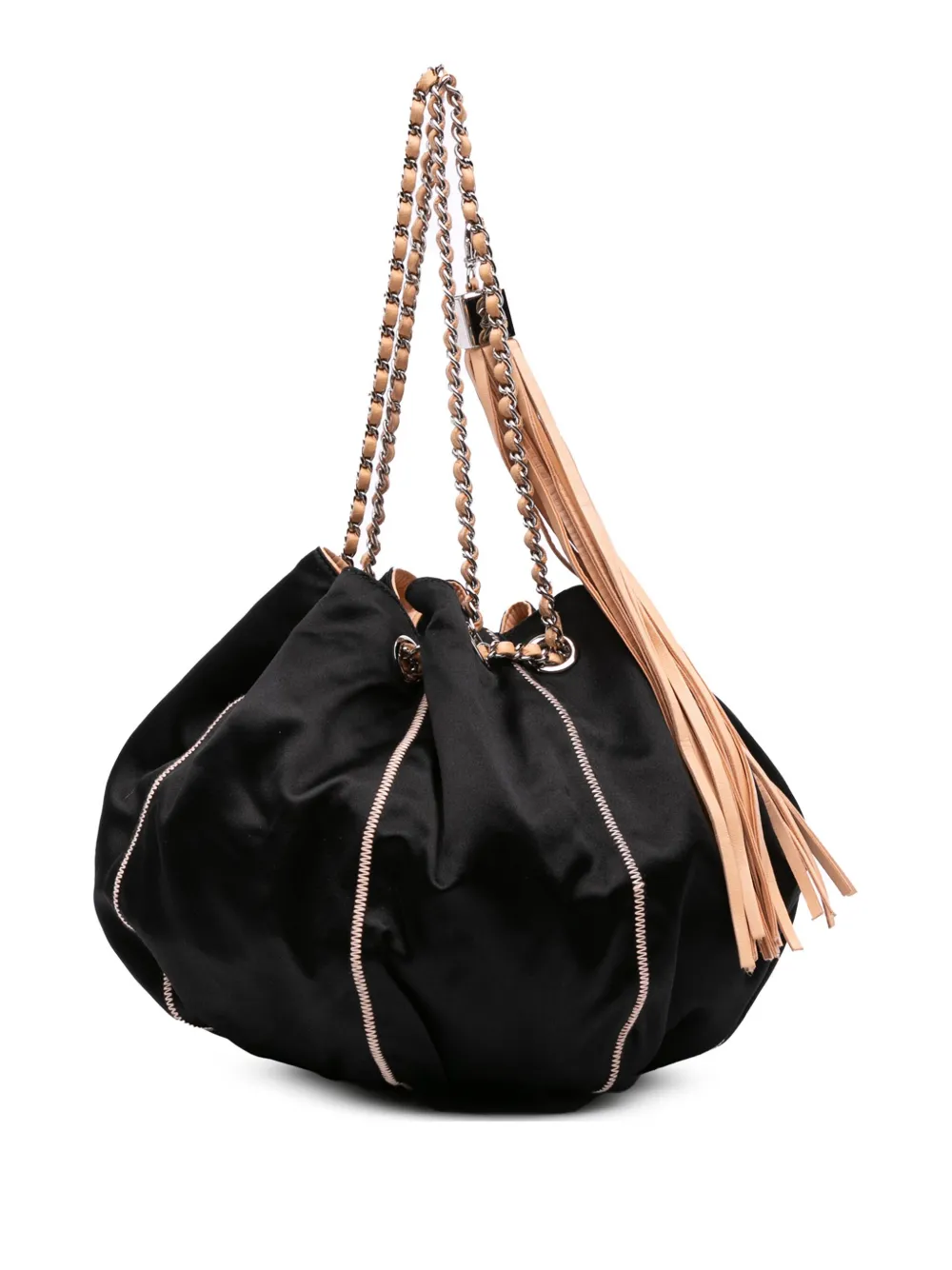 Pre-owned Chanel 2003-2004 Lambskin And Satin Reversible Sac Cordon Bucket Bag In Brown