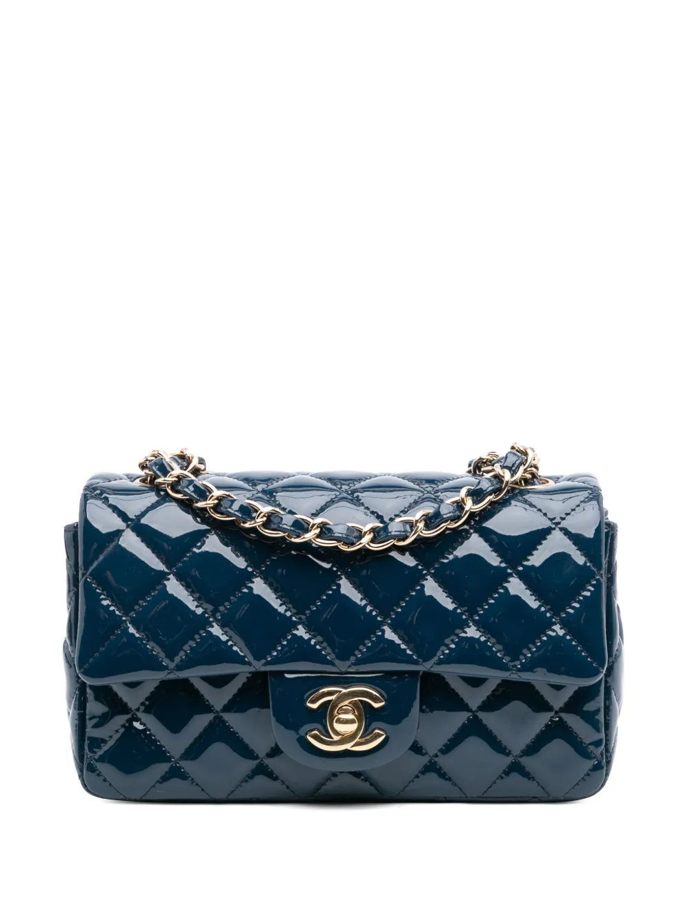 CHANEL Pre-Owned 2018 ミニ レクタンギュラー クラシック パテント シングルフラップ ショルダーバッグ - ブルー CHANEL Pre-Owned 2018 ミニ レクタンギュラー クラシック パテント シングルフラップ ショルダーバッグ - ブルー