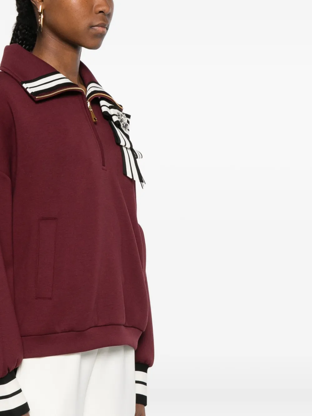 Twinset Bow-detail Short-zip Sweatshirt In Brown