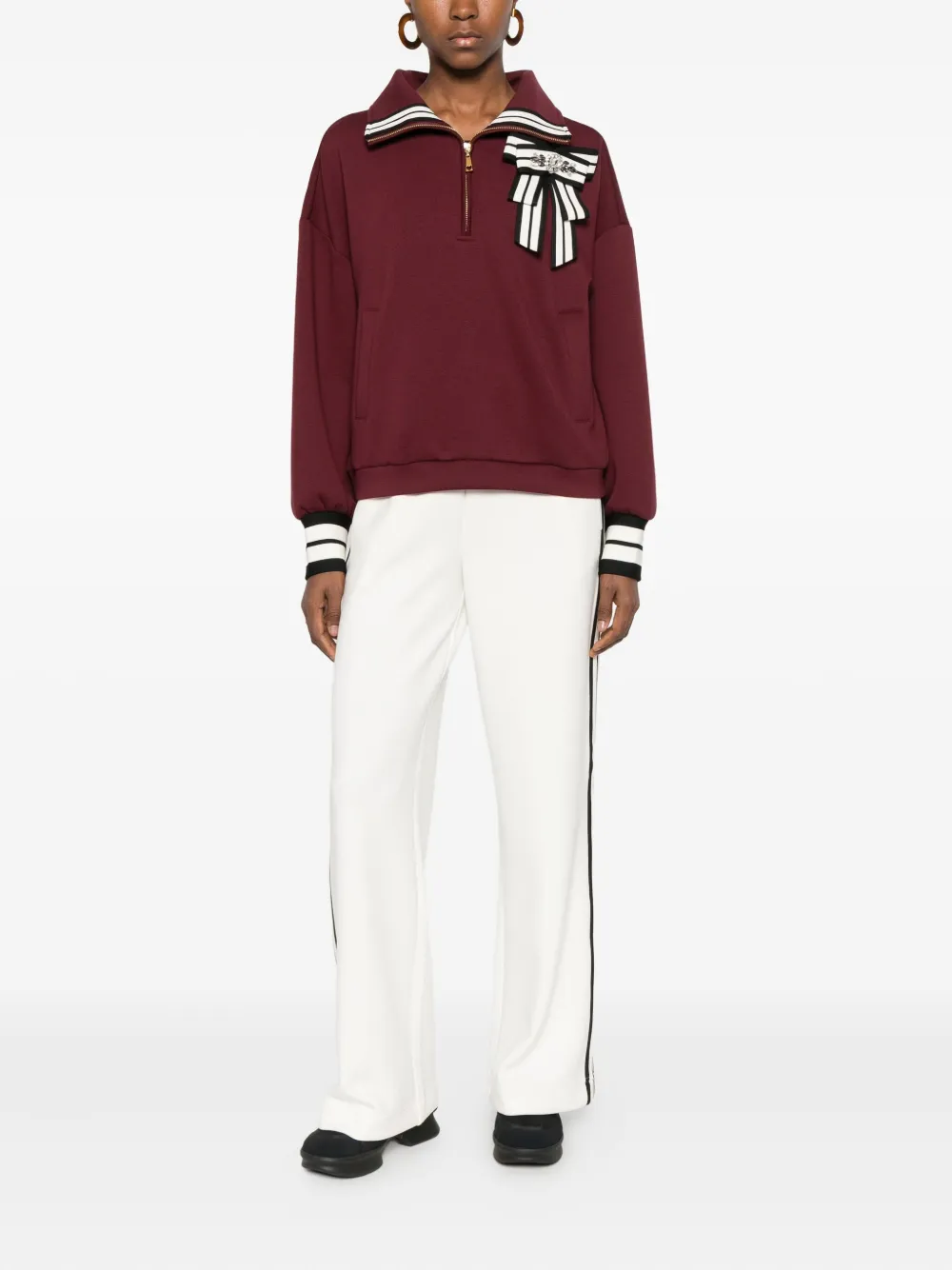 Twinset Bow-detail Short-zip Sweatshirt In Brown