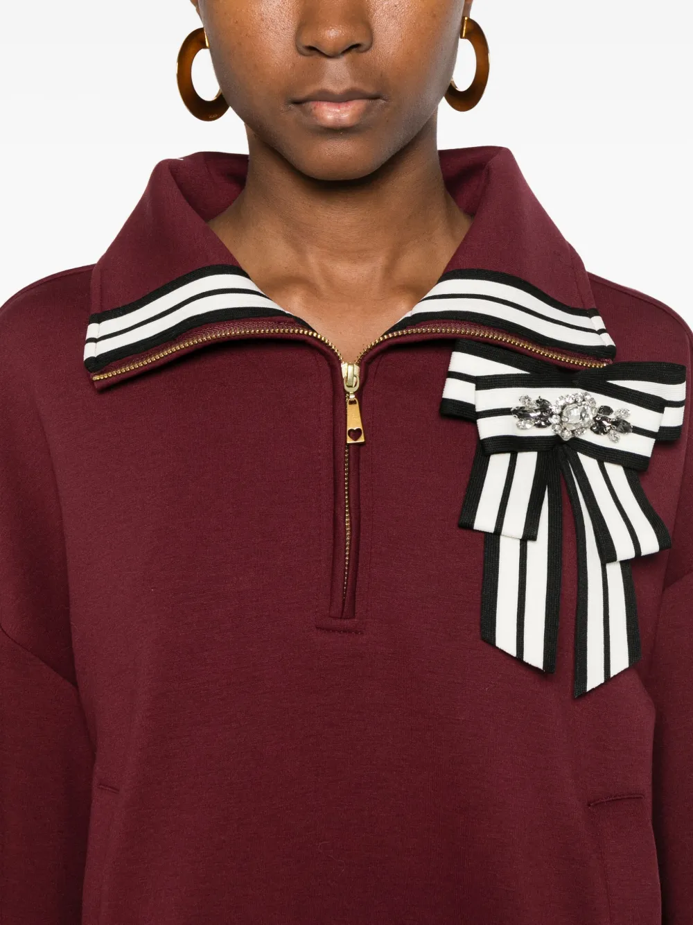 Twinset Bow-detail Short-zip Sweatshirt In Brown
