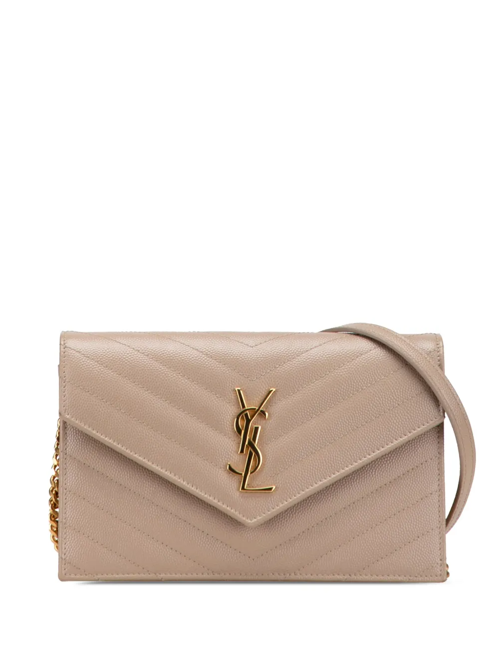 Pre-owned Saint Laurent 2025 Grain De Poudre Cassandre Envelope Chain Wallet Crossbody Bag In Brown