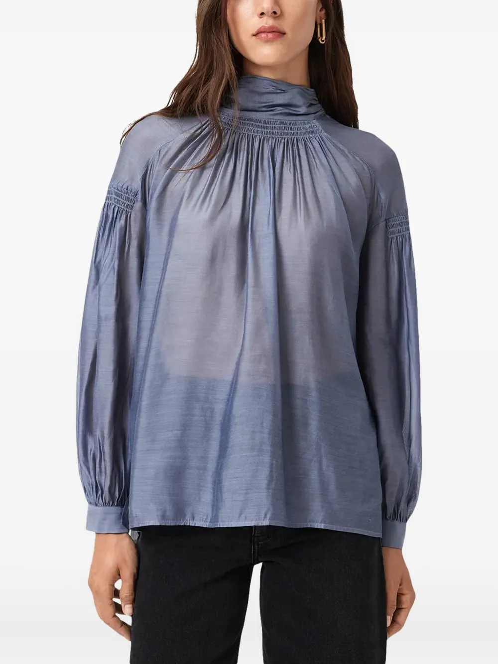 Allsaints Pearla High-neck Blouse In Blue