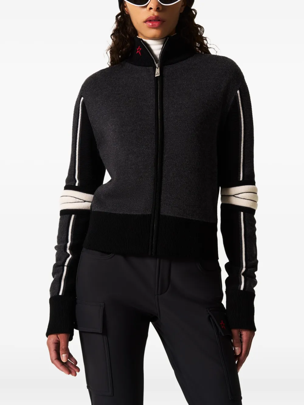 Perfect Moment Stripe-detail Zip-up Cardigan In Animal Print