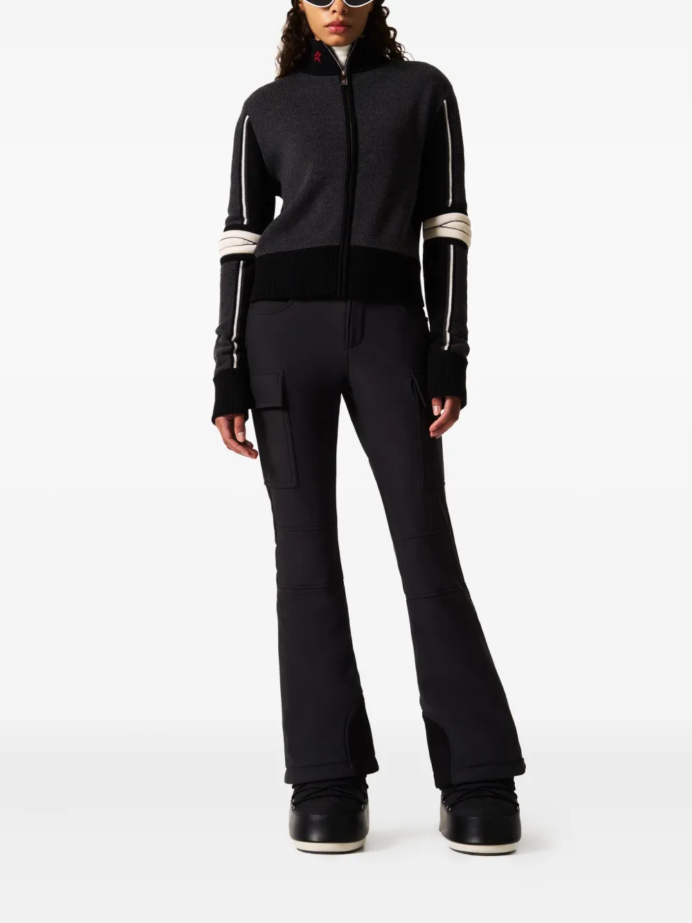 Perfect Moment Stripe-detail Zip-up Cardigan In Animal Print