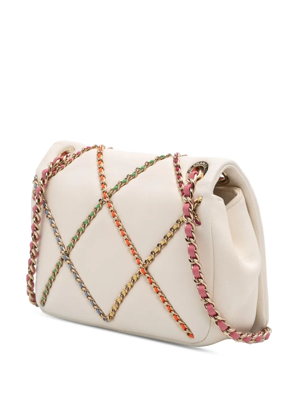 Pre-owned Chanel 2020 Small Lambskin Entwined Chain Flap Crossbody Bag In White