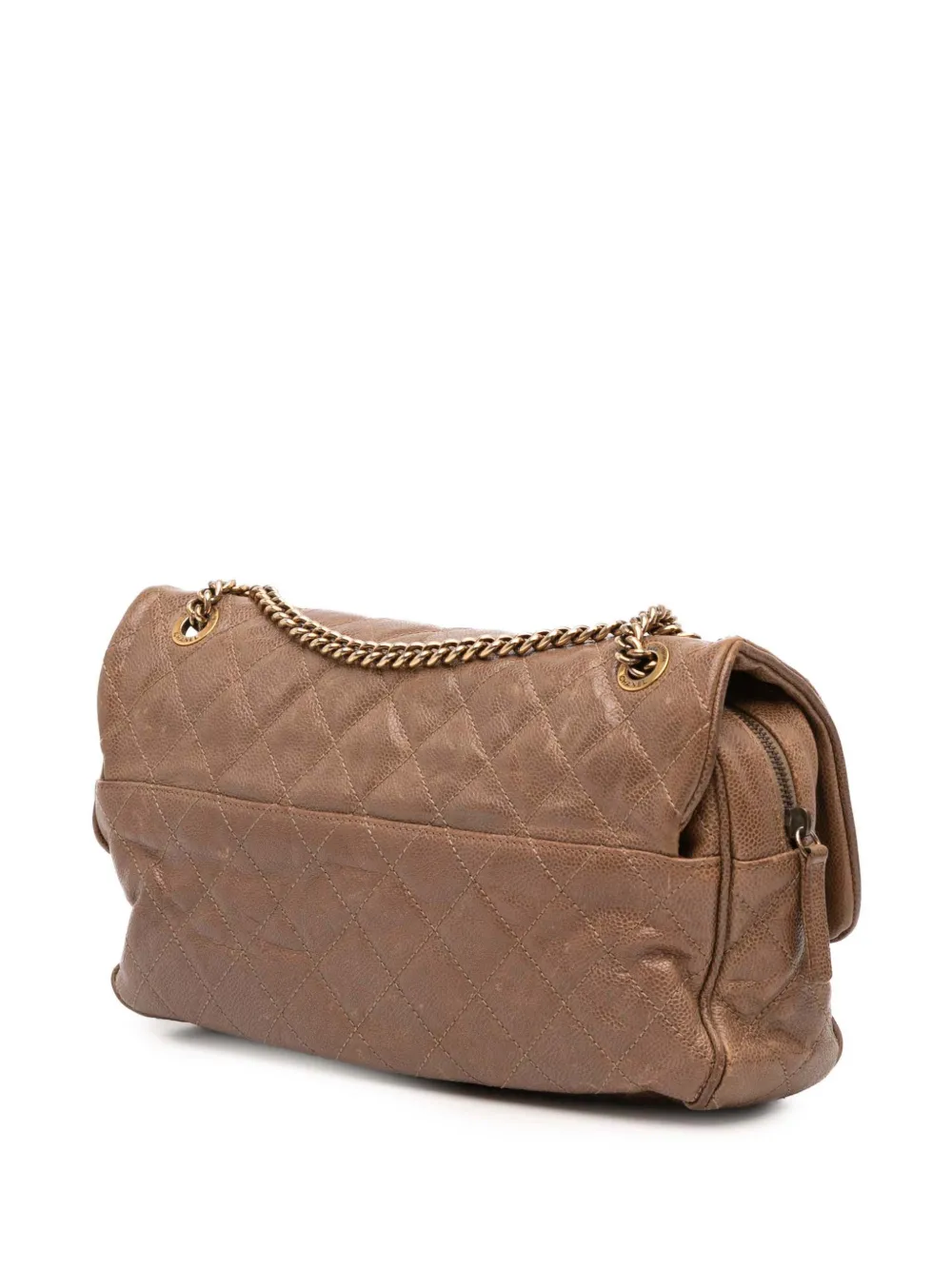 Pre-owned Chanel 2012 Large Quilted Caviar Shiva Flap Crossbody Bag In Brown