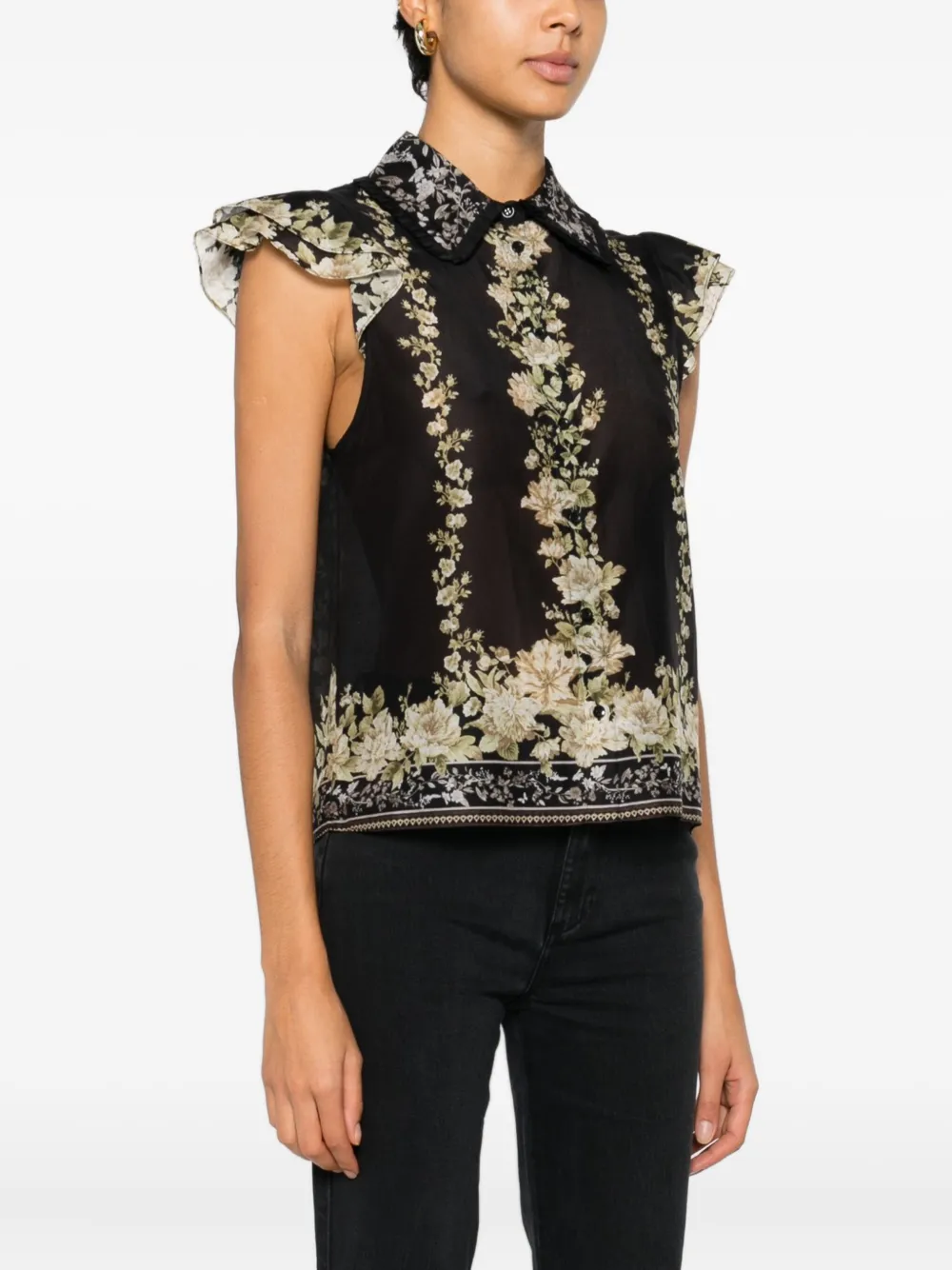 alice + olivia Top met ruches en bloemenprint Zwart