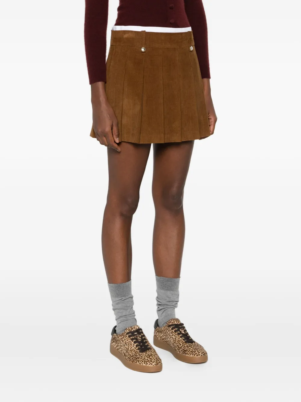 Maje Ribfluwelen mini-plooirok Bruin