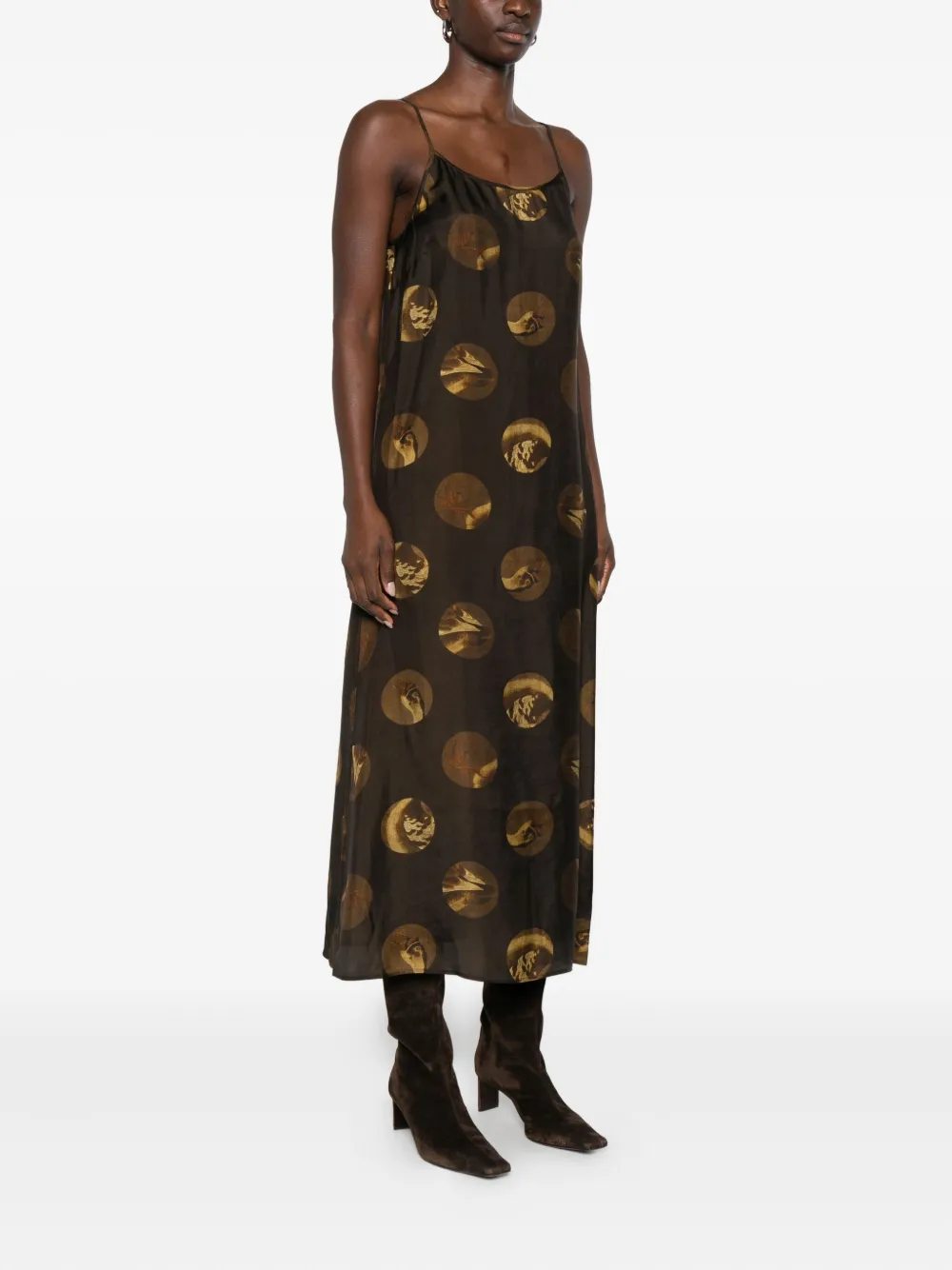 Uma Wang Anaya Brown Sleeveless Dress With Round Neck And All-over Motif In Viscose Blend Woman In Multi