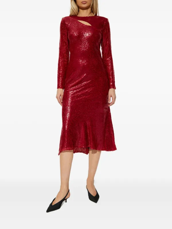red lurex dress Sail to Sable Red Lurex Long Sleeve Smocked Waist Midi Dress Red TROPICAL BLOCK PRINT / L / H25372