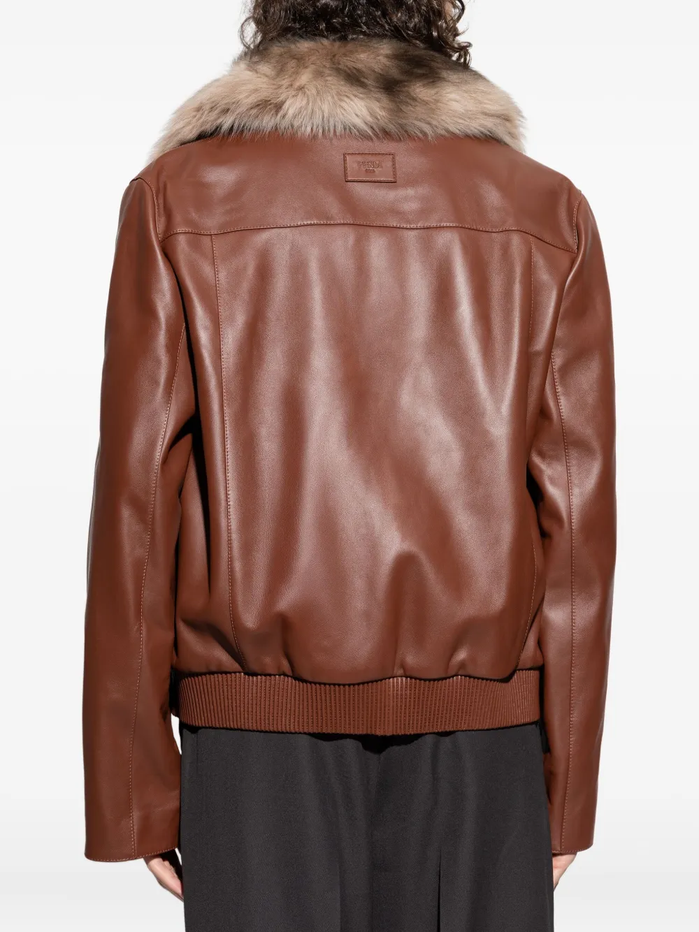 FENDI Leren jack met kraag van imitatiebont Bruin