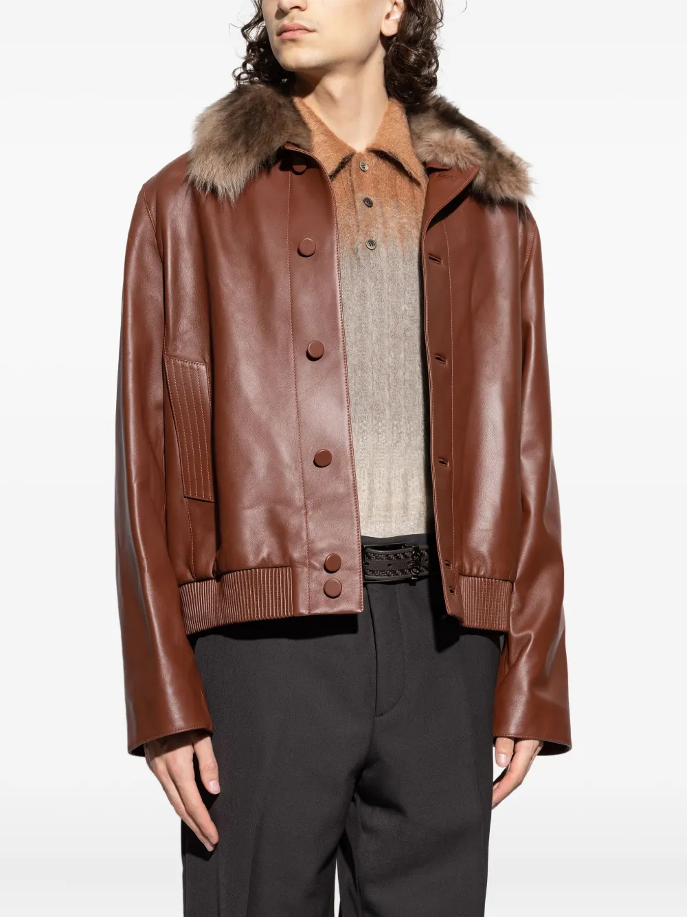 FENDI Leren jack met kraag van imitatiebont Bruin