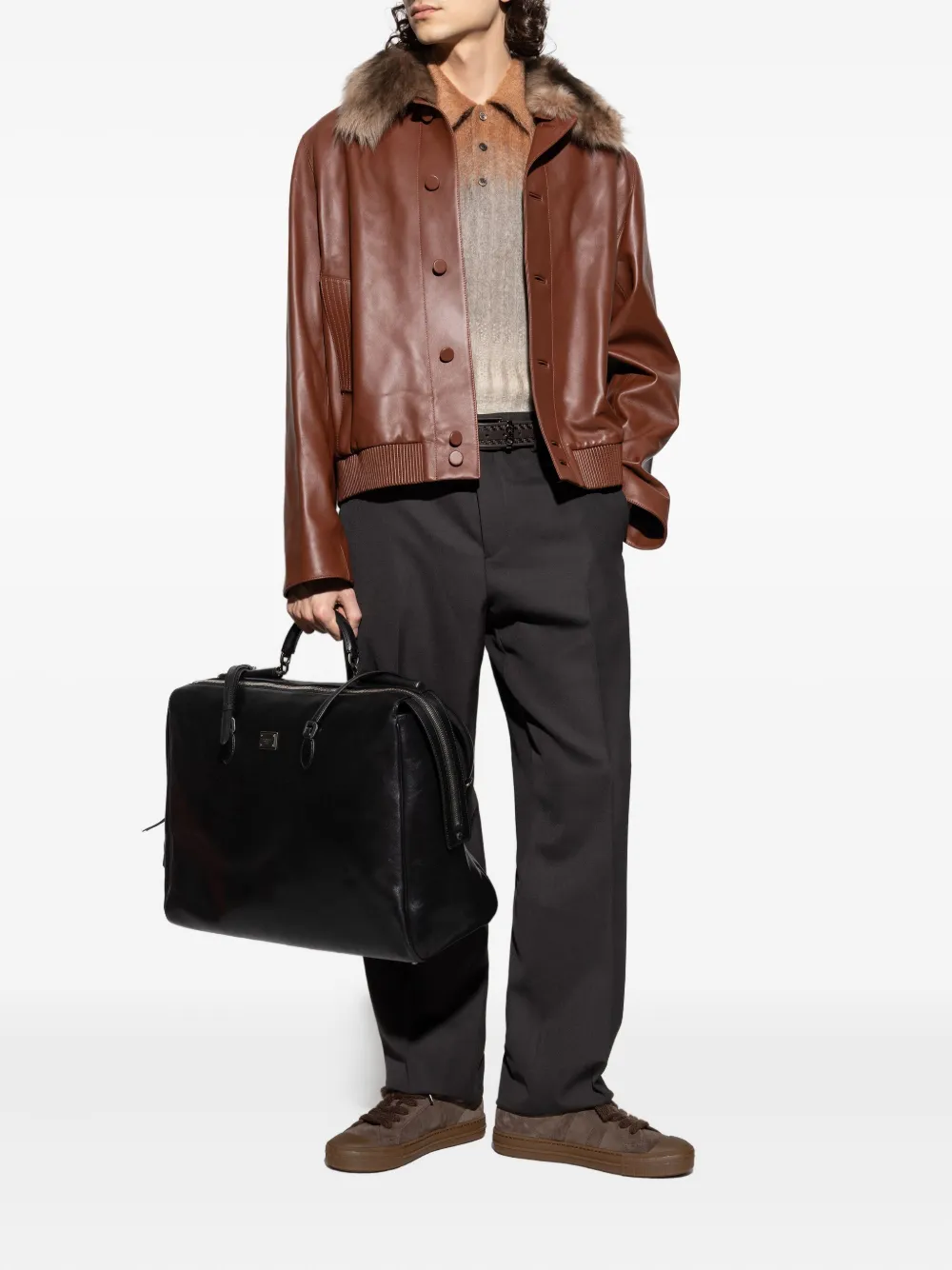 FENDI Leren jack met kraag van imitatiebont Bruin