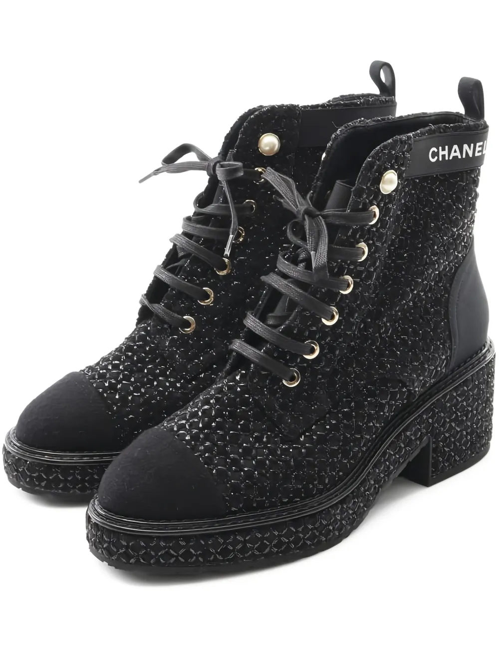 CHANEL Pre-Owned 55mm faux-pearl embellished tweed boots | Black | Image 1
