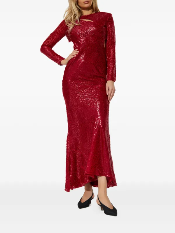 self portrait red sequin dress self-portrait - Red Rhinestone Fishnet Midi Dress