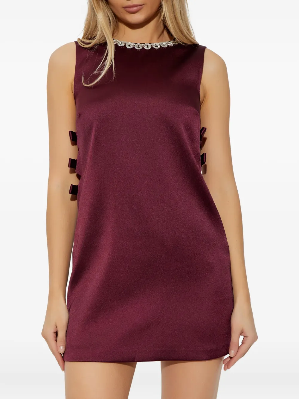 Self-portrait Bow-detail Embellished Satin Minidress In Burgundy