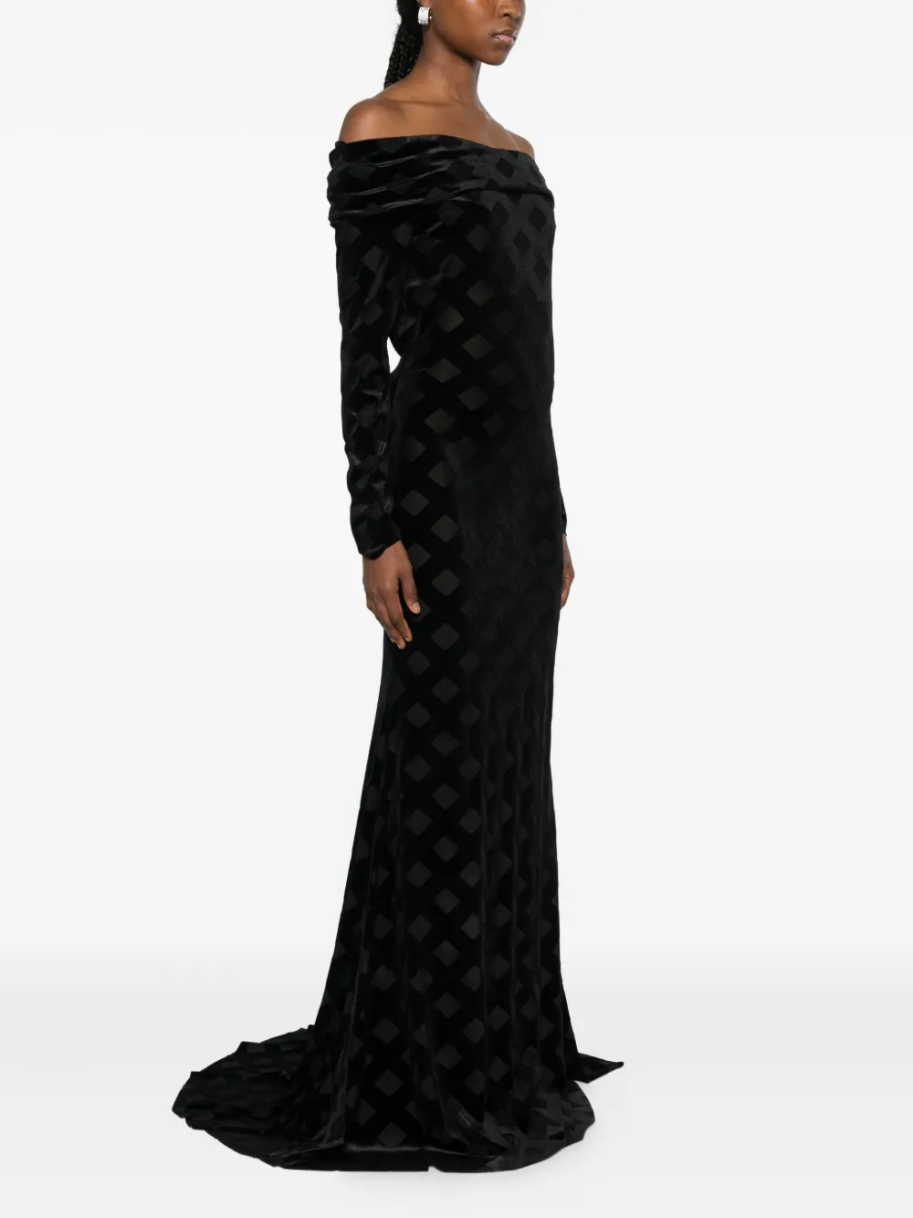 Alessandro Legora Bardot-neck Diamond-pattern Gown In Animal Print