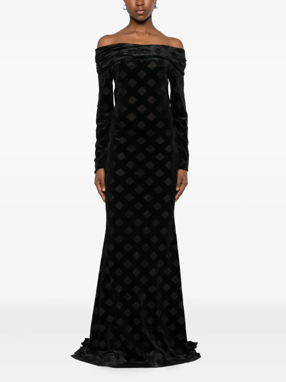 Alessandro Legora Bardot-neck Diamond-pattern Gown In Animal Print