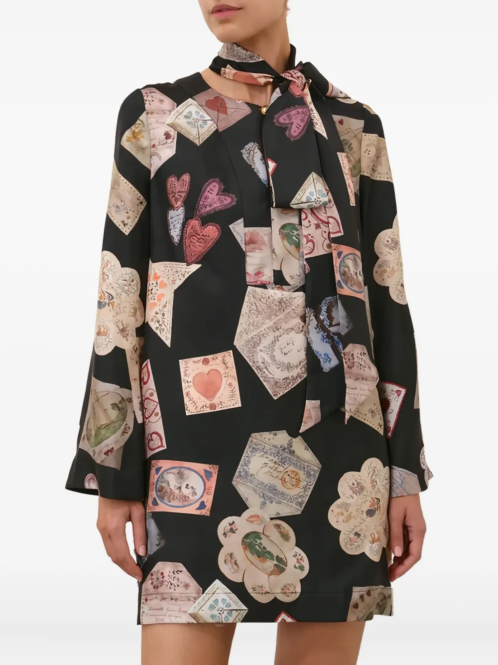 ZIMMERMANN Dream mini-jurk met gestrikte hals en print Zwart