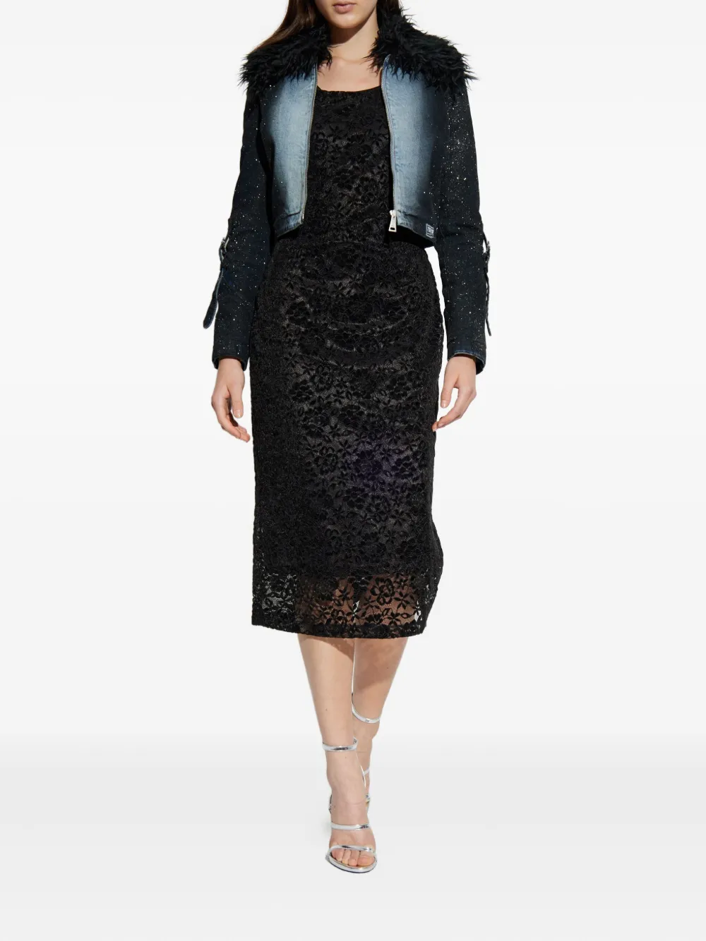 Versace Jeans Couture Fur-trim Denim Jacket In Black