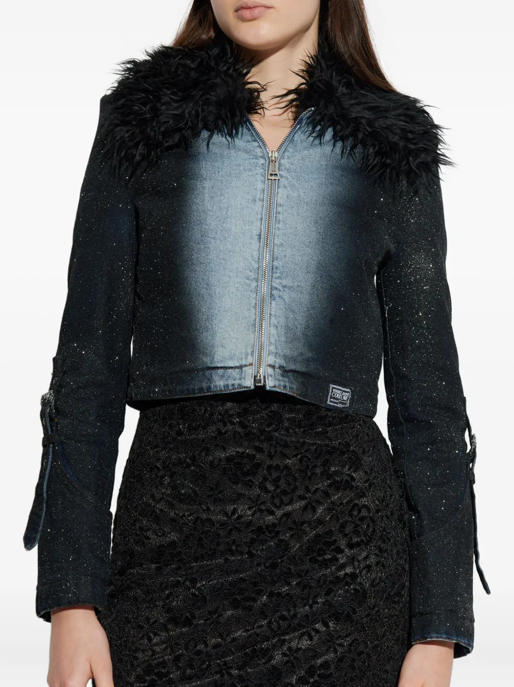 Versace Jeans Couture Fur-trim Denim Jacket In Black
