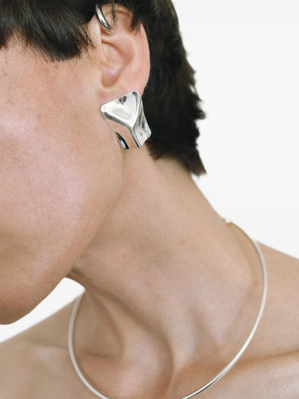 Obsidian Geometric Earrings - Silver 