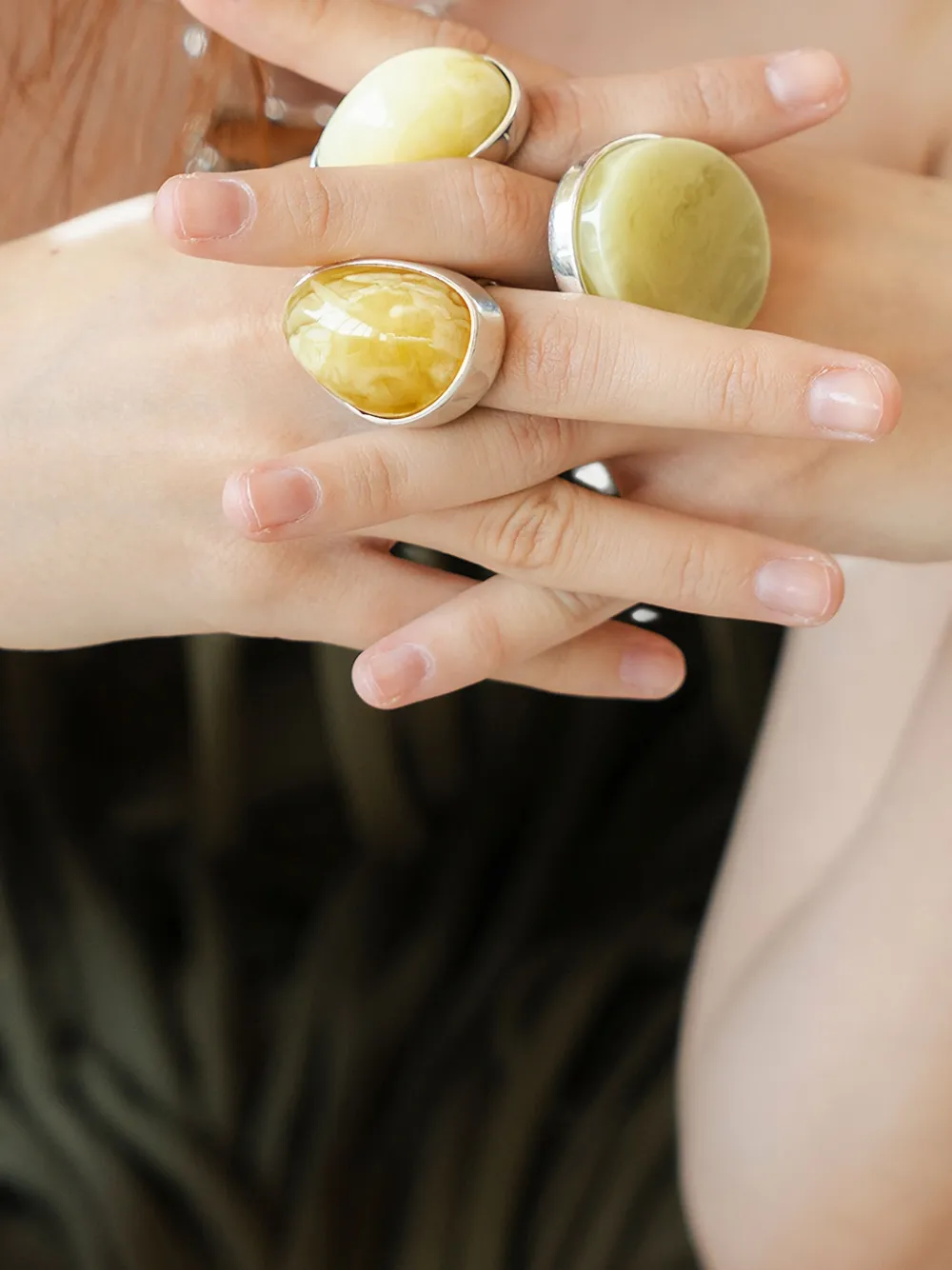 OBSIDIAN embellished stone ring - Zilver