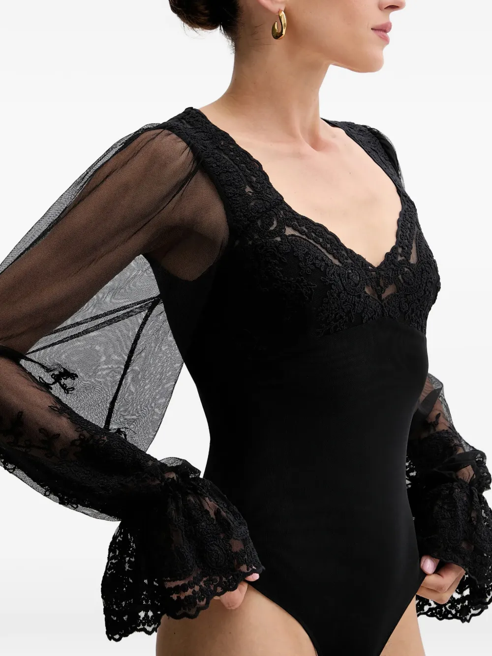 Bardot Body met lange mouwen en kant Zwart