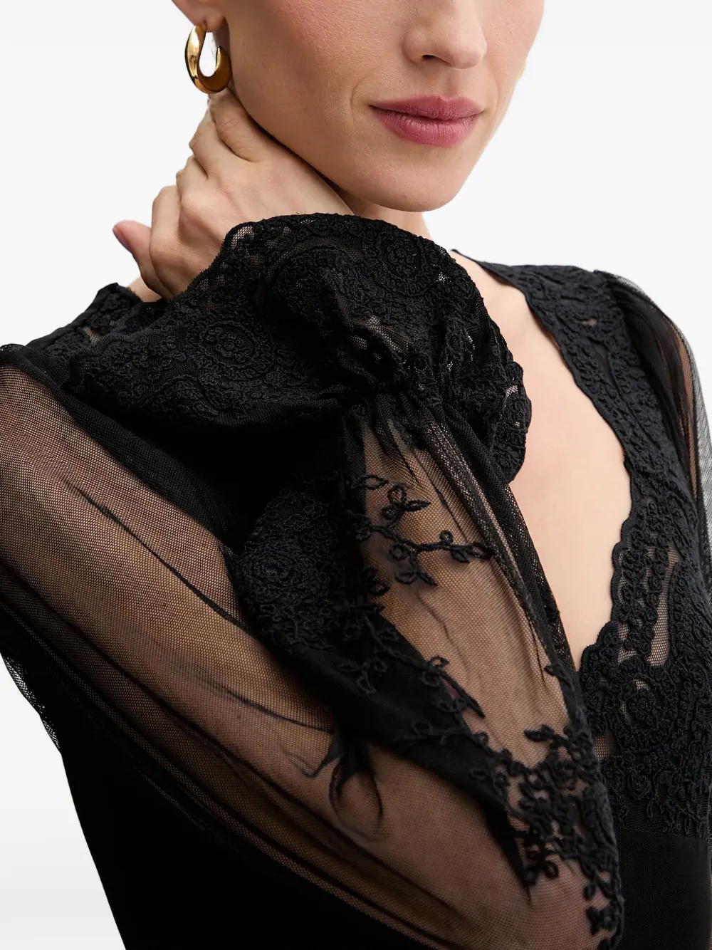 Bardot Body met lange mouwen en kant Zwart