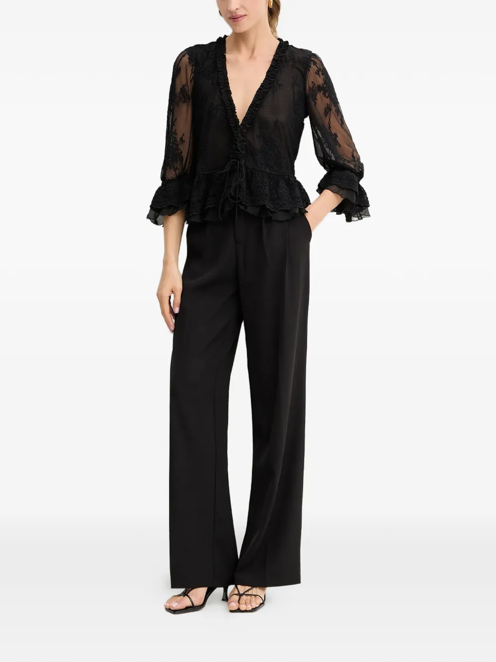  Bardot Ruffled Laced Top - Black 