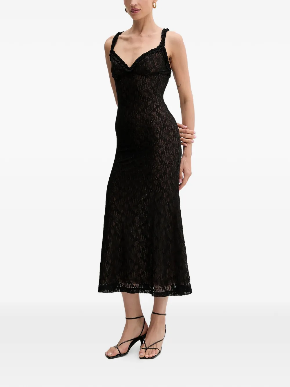  Bardot Ruffled Laced Midi Dress - Black 