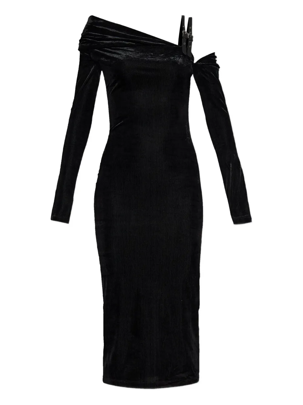 Versace Jeans Couture Off-shoulder Buckle Midi Dress In Black