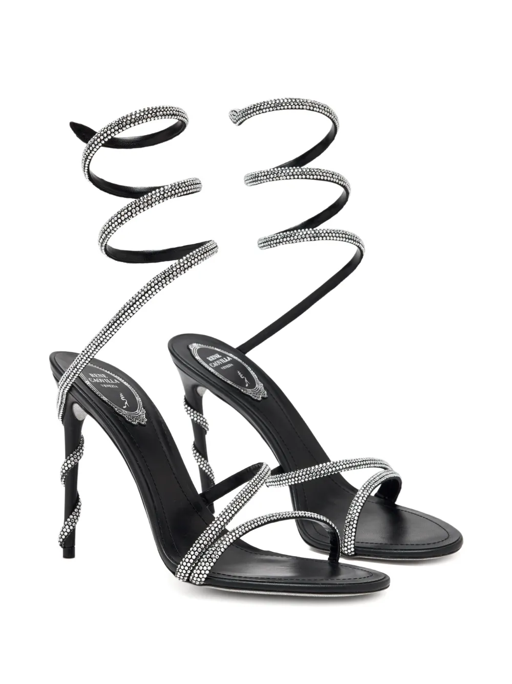 René Caovilla 105mm sandalen verfraaid met stras en spiraal bandje Zwart