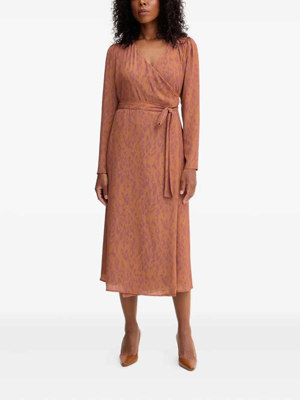Silvian Heach Long-sleeve Tie Midi Dress In Brown