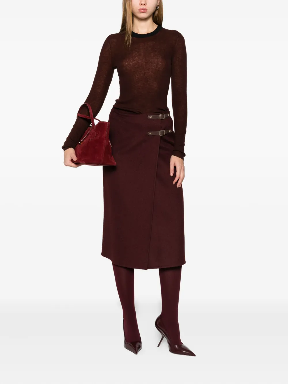 Max Mara Buckled Wrap Skirt In Burgundy