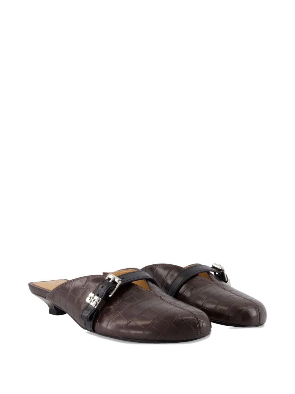 Ganni Buckle-detail Croco-embossed Mules In Brown