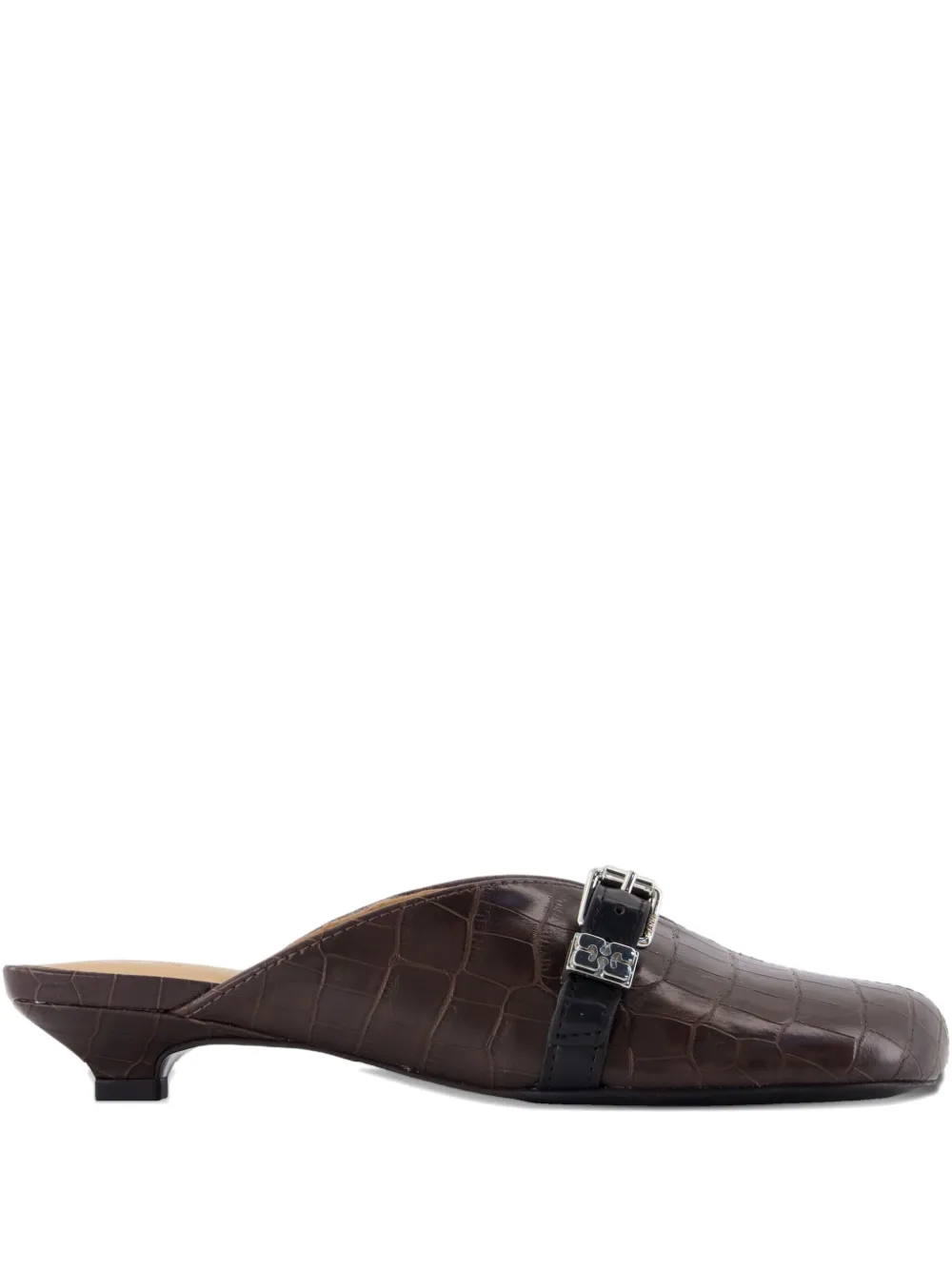 Ganni Buckle-detail Croco-embossed Mules In Brown