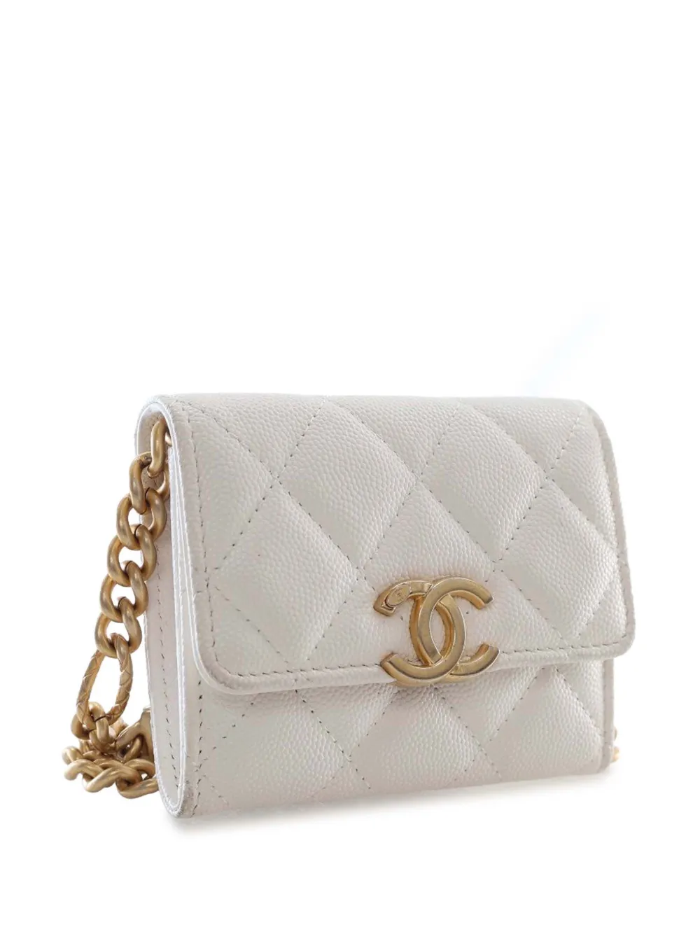 Pre-owned Chanel 2021 Quilted Caviar Card Holder On Chain Crossbody Bag In White