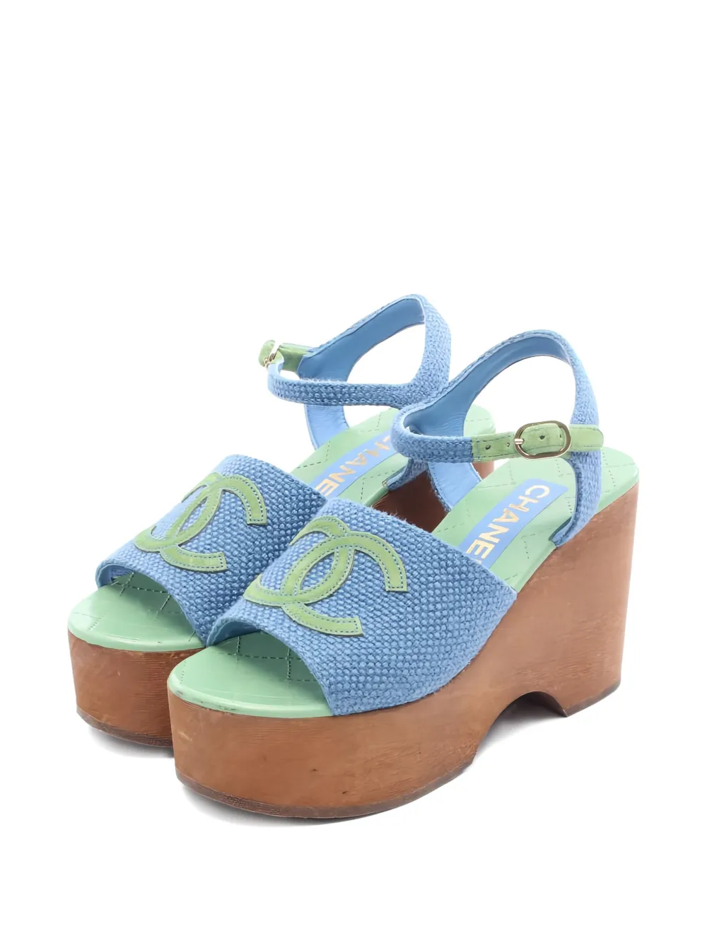 Pre-owned Chanel 1986-1988 100mm Logo Platform Sandals In Blue