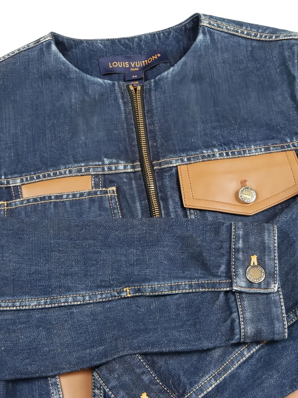 Pre-owned Louis Vuitton 2020s Leather-panel Collarless Denim Jacket In Blue