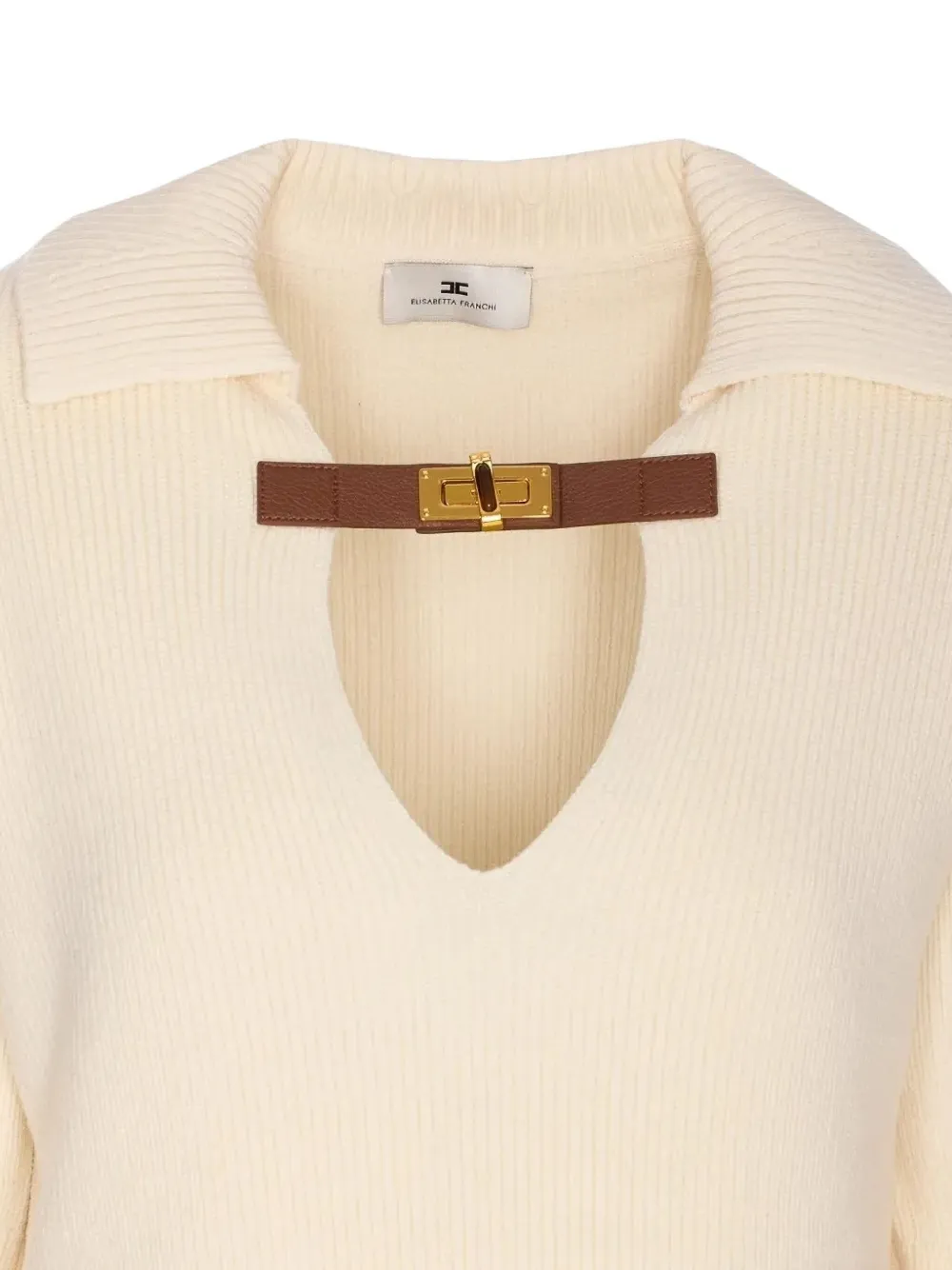 Elisabetta Franchi Knitwear With Buckle Detail And V-neckline In Neutral